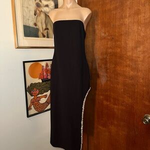 Lulu's Black Strapless high slit Dress with White rhinestone Accents